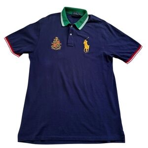 Polo Ralph Lauren Mens XLT Navy Crest Big Pony Rugby Polo Shirt Green Collar Y2K